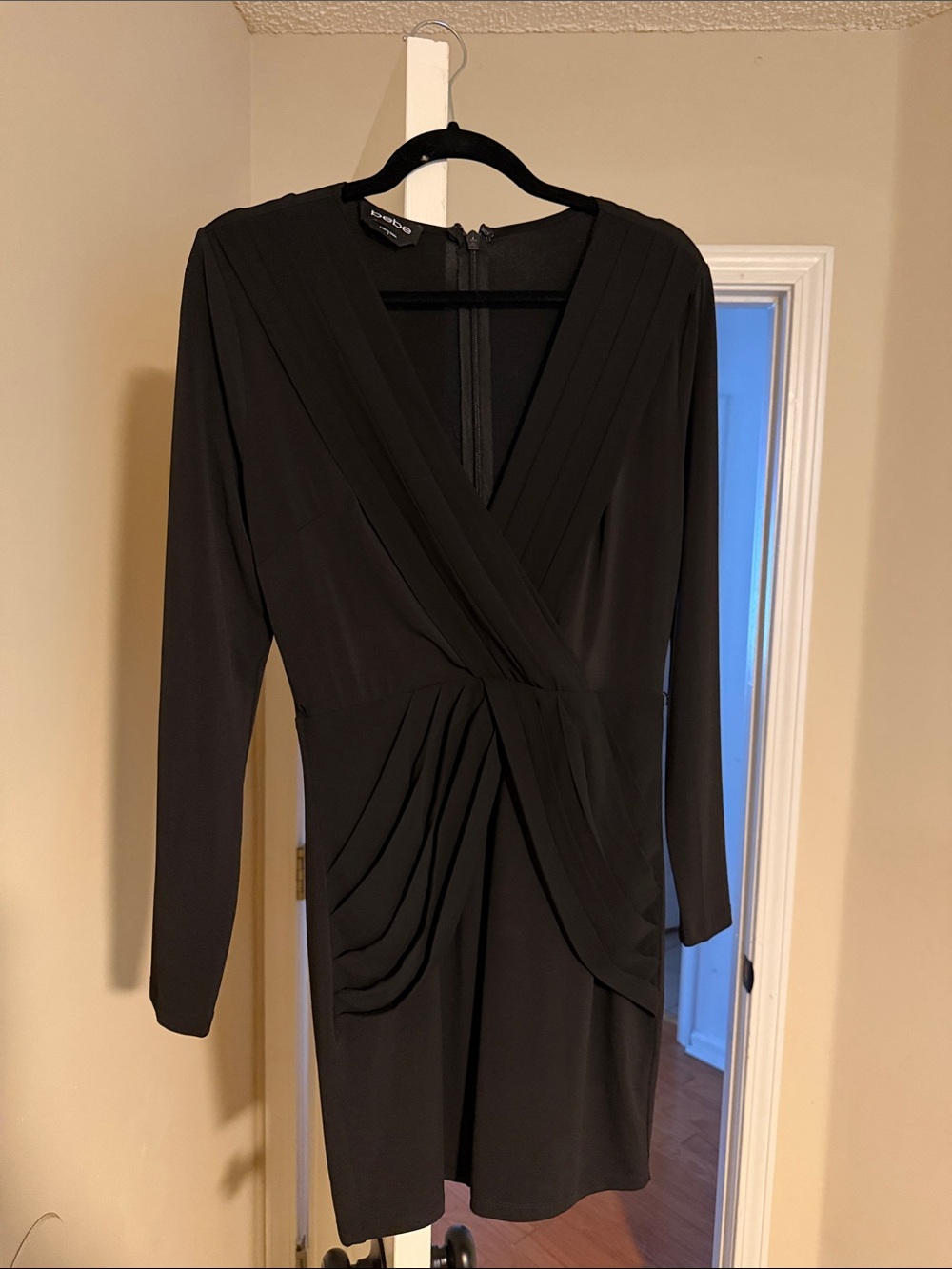 bebe Black Long-Sleeve Draped Wrap Dress
